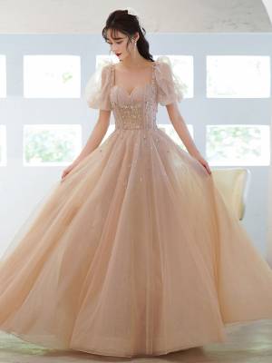 Champagne Tulle With Beads Long Prom Evening Dress