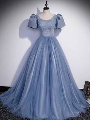 Blue Tulle Round Neck With Sequin/Beads Long Prom Evening Dress
