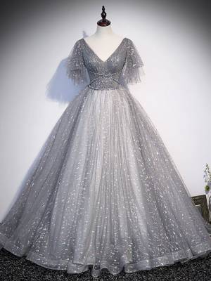 Gray Tulle V-neck With Sequin Long Prom Evening Dress