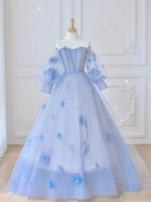 Off Shoulder Blue Tulle Long Sleeves Prom Dress With 3d Flowers