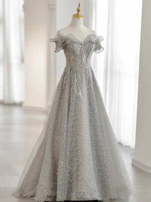 Gray Tulle Lace Off-the-shoulder With Sequin Long Prom Evening Dress