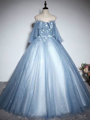 Blue Tulle Lace Sweetheart Long Prom Evening Dress