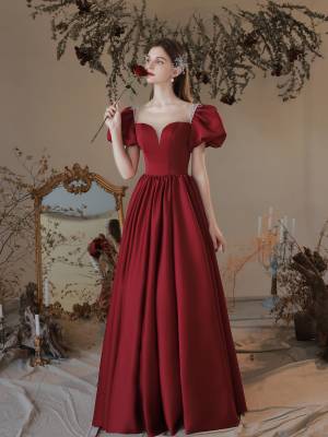 Burgundy Satin A-line Long Prom Sweet 16 Dress
