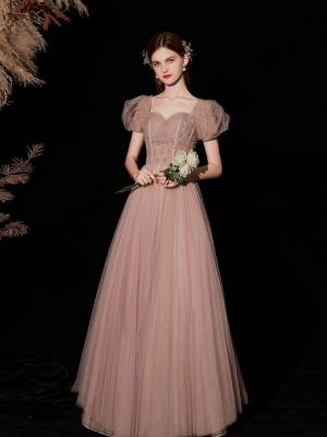 Pink Tulle Lace A-line Long Prom Formal Dress