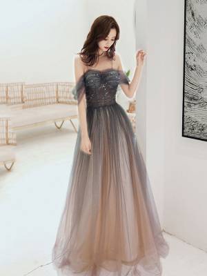 Champagne Tulle Off-the-shoulder A-line Long Prom Dress