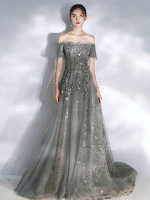 Gray Tulle Lace With Sequin Long Prom Formal Dress