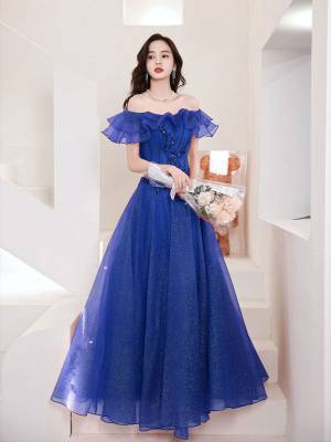 Simple Blue Tulle Off-the-shoulder A-line Long Prom Evening Dress