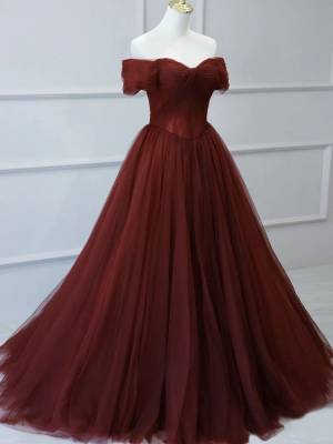 Burgundy Tulle A-line Long Prom Formal Dress