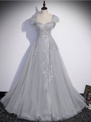 Gray Tulle Lace Sweetheart Long Prom Evening Dress
