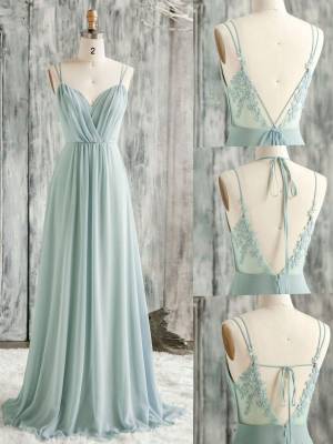 Green Chiffon Lace A-line Long Prom Bridesmaid Dress