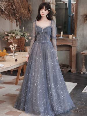 Gray/Blue Tulle Lace Long Prom Evening Dress