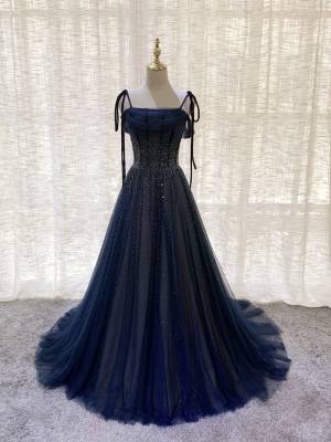 Dark/Blue Tulle With Sequin Long Prom Formal Dress