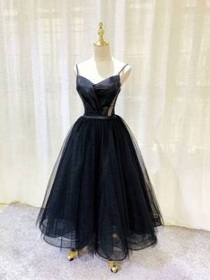 Black Tulle Tea-length Simple Prom Homecoming Dress