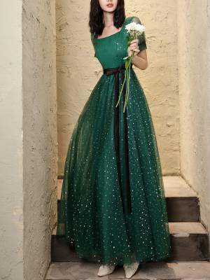 Green Tulle A-line Long Prom Formal Dress