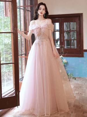 Pink Tulle Lace Off-the-shoulder Long Prom Evening Dress