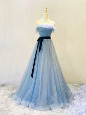 Blue Tulle With Sequin Long Prom Formal Dress