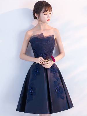 Blue Satin Lace A-line Short/Mini Prom Homecoming Dress