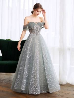 Gray/Blue Tulle Lace Long Prom Evening Dress