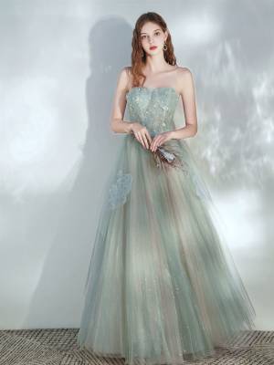 Green Tulle Lace Long Prom Evening Dress