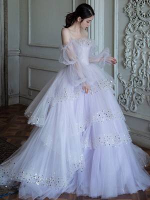 Princess Purple Tulle Long Prom Evening Dress With Sequin
