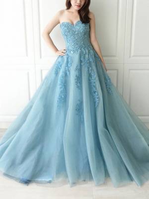 Blue Tulle Lace Sweetheart Long Prom Formal Dress