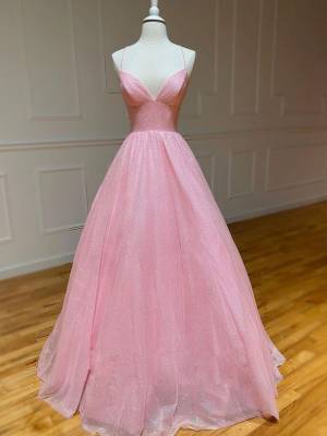 A-line Pink Tulle V-neck Sequin Prom Evening Dress