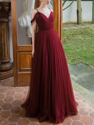 Burgundy Tulle V-neck Simple Long Prom Bridesmaid Dress