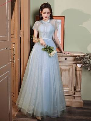 Blue Tulle A-line Long Prom Evening Dress