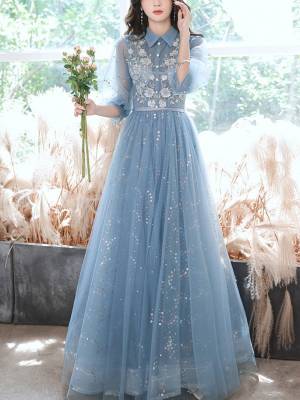 Blue Tulle Lace A-line With Sequin Long Prom Evening Dress