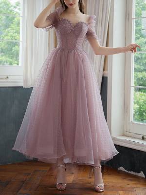 Pink Tulle Sweetheart With Beads Tea-length Prom Homecoming Dress