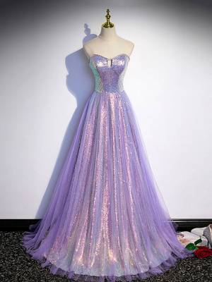 Purple Tulle Sweetheart A-line Long Prom Evening Dress