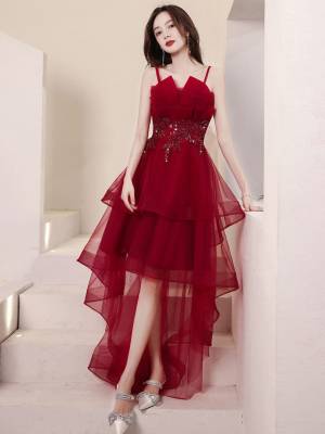Burgundy Tulle High Low Prom Homecoming Dress