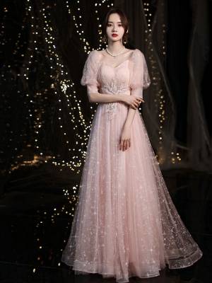 Pink Tulle Long Prom Evening Dress