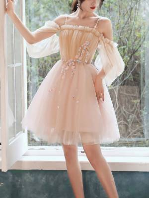 Champagne Tulle Lace Short/Mini Prom Homecoming Dress