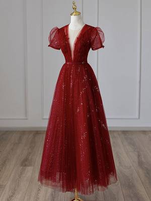 Burgundy Tulle V-neck With Sequin Tea-length Prom Evening Dress
