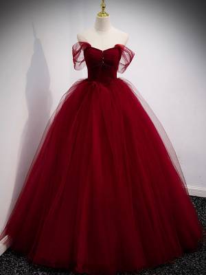 Vintage Burgundy Tulle Off-the-shoulder Prom Formal Dress