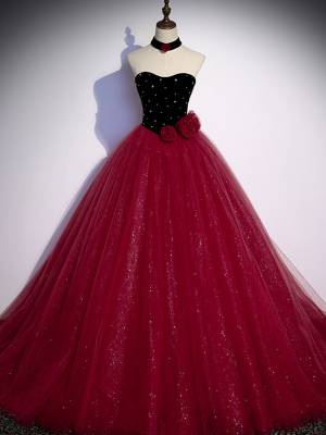 Burgundy Tulle A-line Long Prom Evening Dress