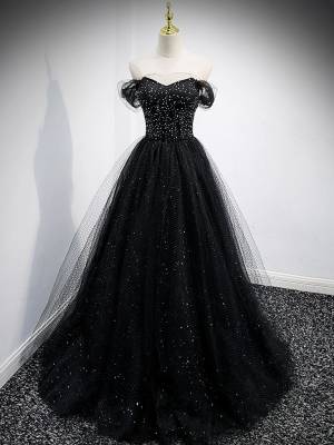 Black Tulle Sweetheart Off-the-shoulder Long Prom Evening Dress