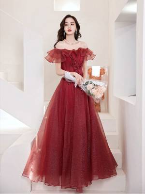 Burgundy Tulle Off-the-shoulder Long Prom Evening Dress