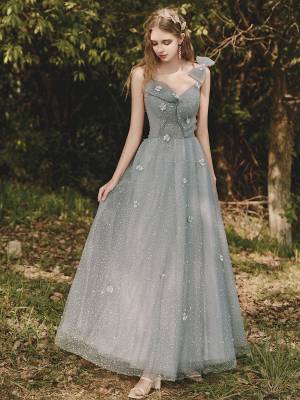 Gray Tulle With Sequin Tea-length Prom Evening Dress