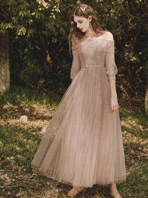 Pink Tulle Tea-length Prom Formal Dress