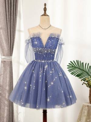 Blue Tulle With Sequin Short/Mini Prom Homecoming Dress