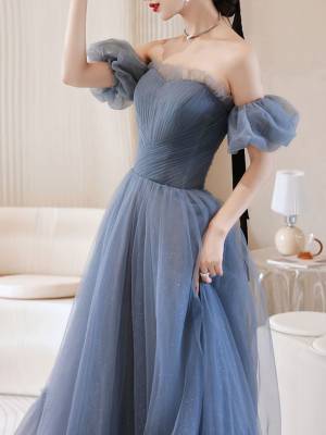 Gray/Blue Tulle Long Prom Evening Dress