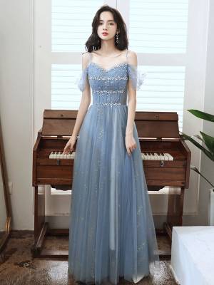 Blue Off-the-shoulder A-line With Sequin Long Prom Formal Dress