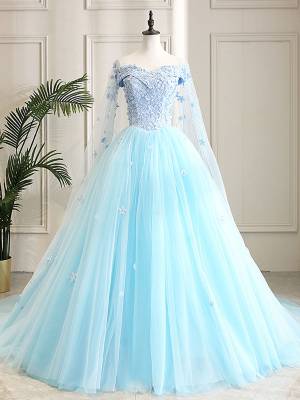 Blue Tulle Lace Sweetheart Long Prom Evening Dress