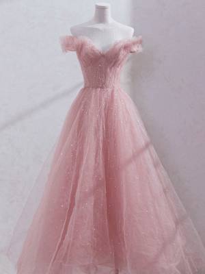 Pink Tulle Off-the-shoulder Tea-length Prom Formal Dress