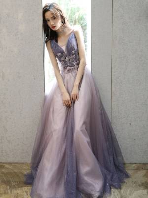 Purple Tulle V-neck Long Prom Evening Dress