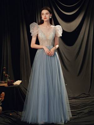 Gray/Blue Tulle V-neck With Sequin Long Prom Evening Dress