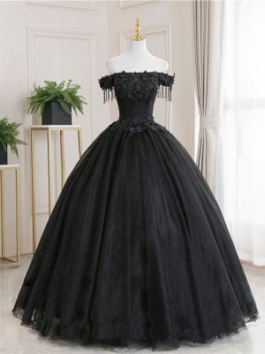 Ball Gown Black Tulle Lace Off-the-shoulder Long Prom Evening Dress
