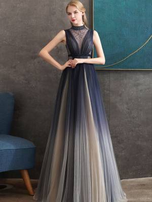 Blue Tulle High Neck With Beads Long Prom Evening Dress